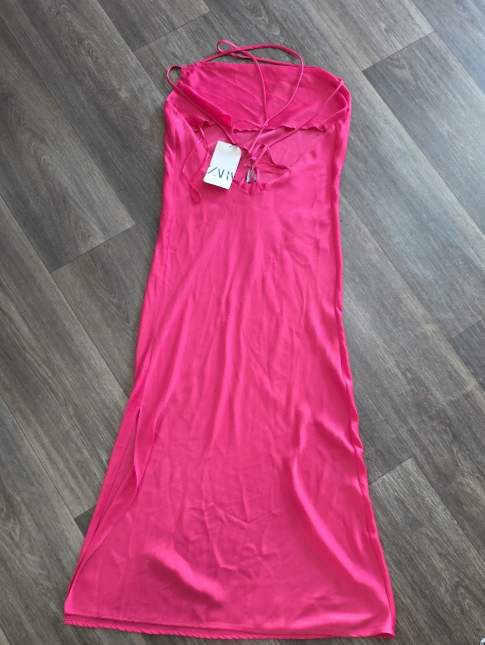 Zara Hot Pink Satin Slip Dress with Strappy Neck